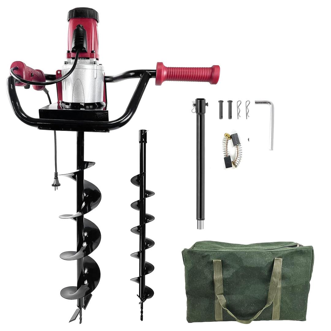 6-Inch & 4-Inch Auger Bit Earth Auger, 1500W Electric Post-Hole Digger, Ideal for Post Hole Digging, Drilling, Tree Planting (Red)