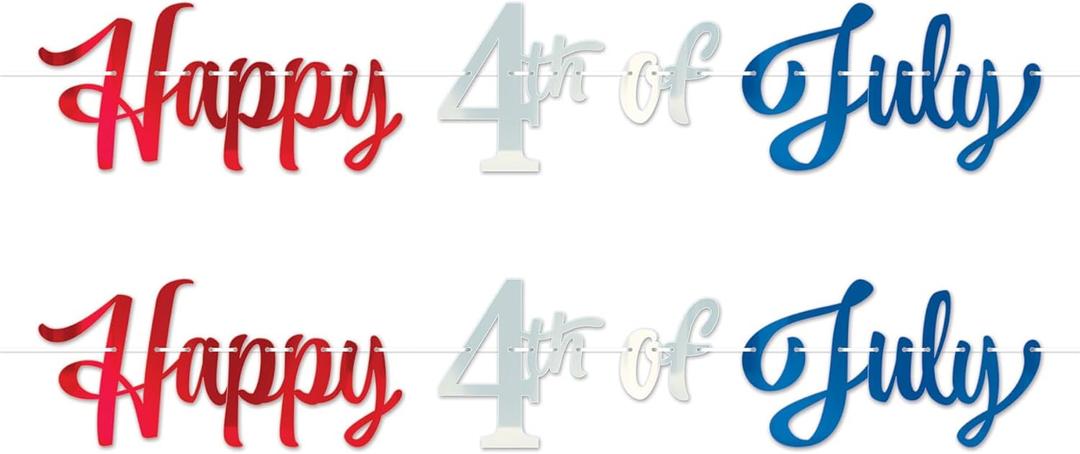 Beistle Foil Happy 4th of July Streamers 2 Count, Patriotic Independence Day Red Silver Blue Party Decorations with White Ribbon, USA American Holiday Party Supplies for July 4th, 10 x 5