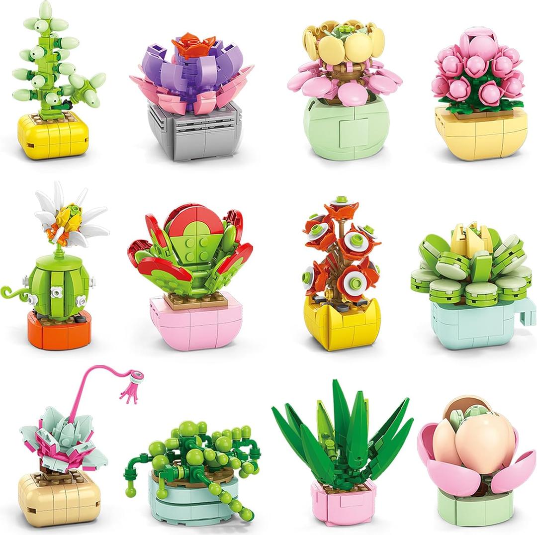 Partylamb 24 Packs Succulents Building Blocks Easter Gifts for Kids School Boys Girls, Artificial Botanical Toy EasterBasket Stuffers Exchange Gifts Classroom Prizes Birthday Party Favor Ages 6+