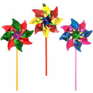 6" Pinwheels for Kids, Fun Toys for Backyard Games and Family Games - 24 Pieces, Metallic Color Assortment, 6" Wind Spinner Diameter, 12" Spinner Stick, Party Favors, Piata Stuffer