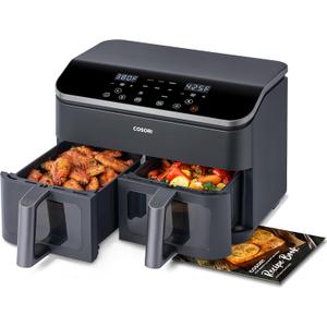 COSORI Dual Air Fryer 9Qt  10-in-1, Fresh Balanced Meals for Family and Children with Double Baskets, Sync Cook & Finish to Bake, Roast, Reheat, Broil & 130 Recipes for Easy Cooking, Dishwasher Safe (8.52 L, Black, Gray)