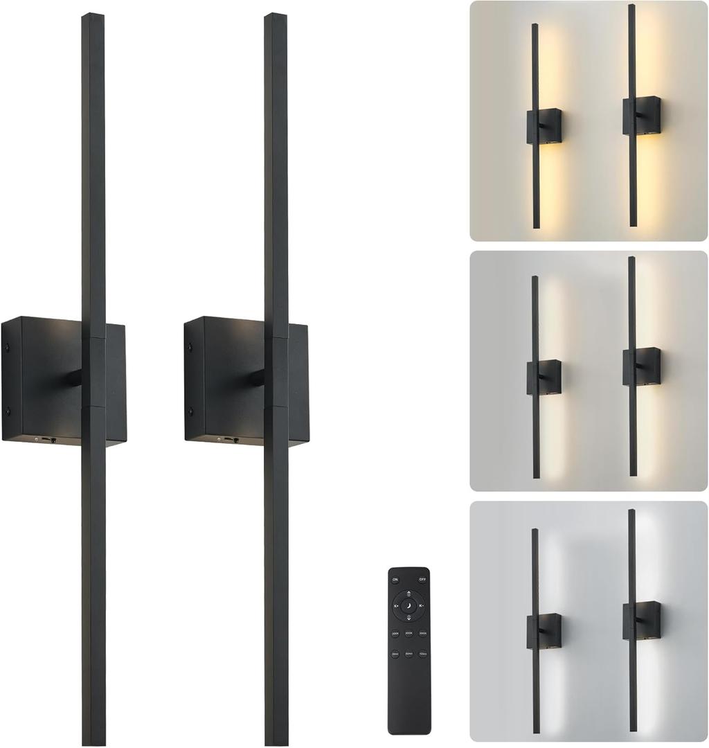 Wireless Battery Operated Wall Sconces Set of Two, Dimmable Modern Wall Sconce with Remote Control, 360Rotation & Timer & Memory, Black Led Rechargeable Wall Lights for Living Room, 28.3 Inch