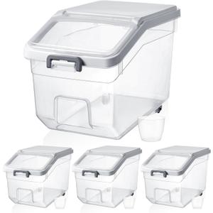 Sunnyray 4 Pcs Rice Storage Container 22 lb Airtight Flour Container with Wheels Measuring Cup Clear Pet Food Cube Dog Cat Birds Food Bin Grain Cereal Organizer Box for Dry Baking Supplies(White Lid)