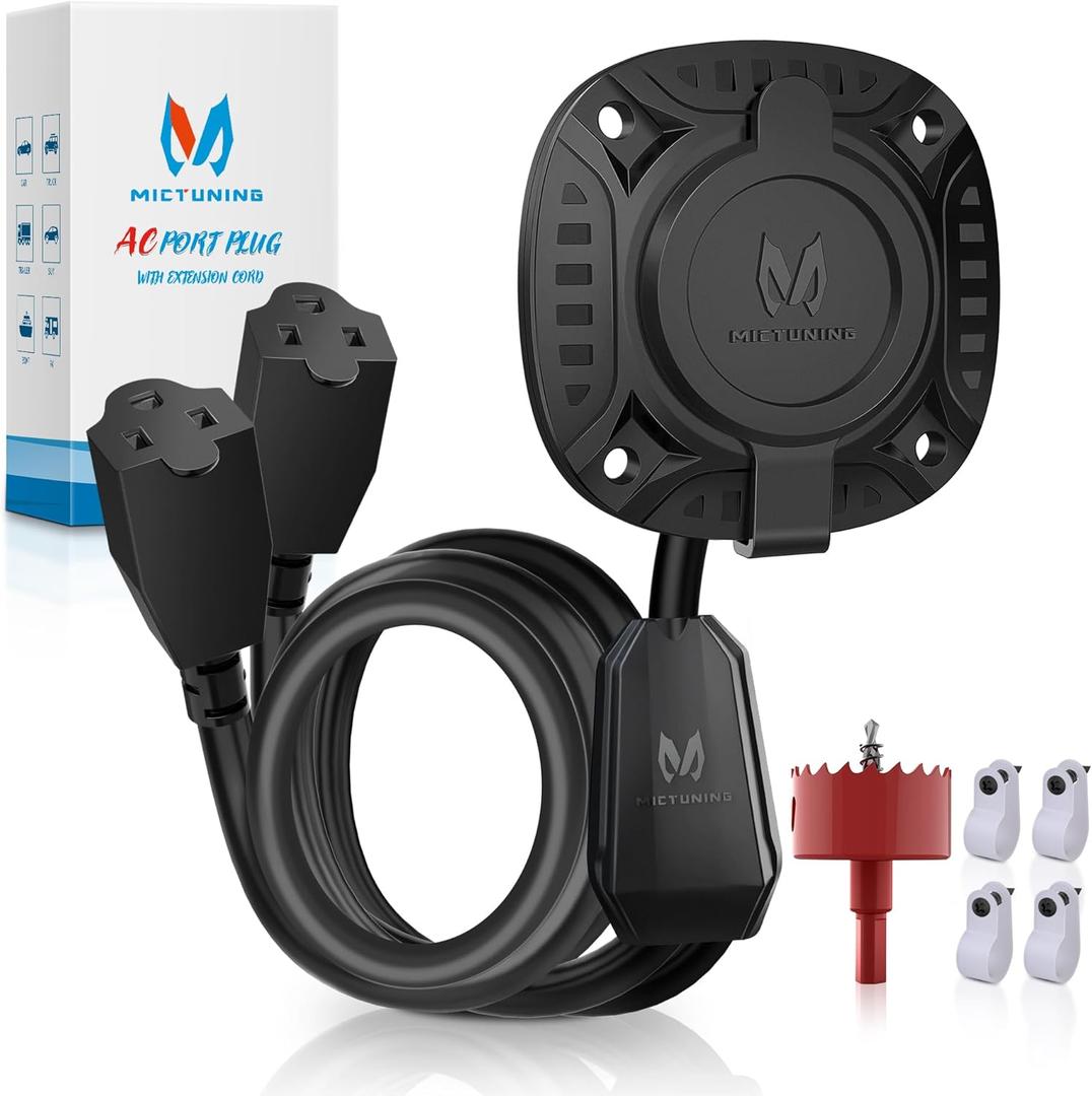 MICTUNING AC Port Plug with Heavy Duty Integrated Dual 20" Extension Cord Y Splitter Cable and Water Resistant Cap, Black