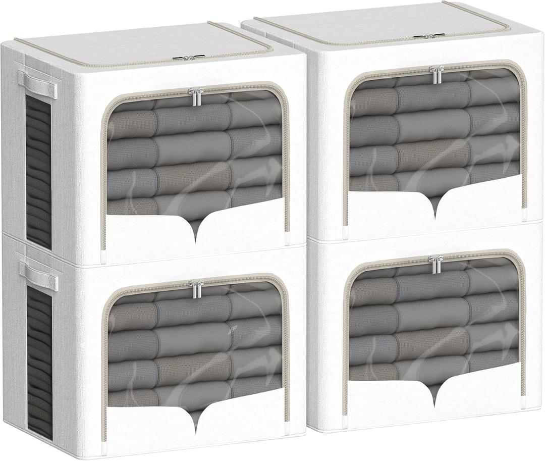 4 Pack Clothes Storage Bins with Metal Frame Clothing Storage Bins with Lid Linen Fabric Storage Box With Clear Window Zippers Durable Handles (Extra Large- 80L, Count, 4)