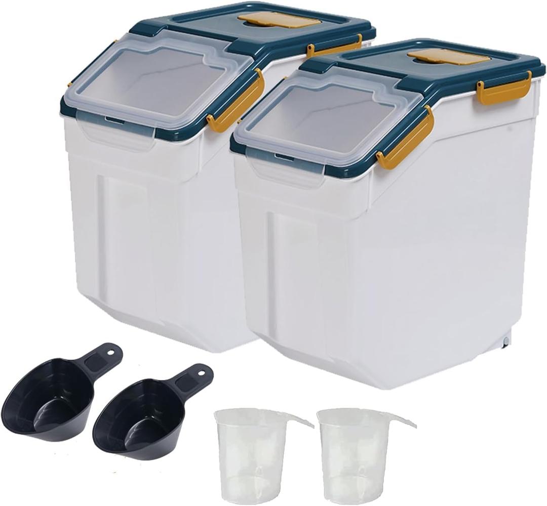 AnRui Flour Storage Container 25lb, Grain Storage Bucket, Airtight Rice Cereal Dispenser Organizer Box with Lid, Wheat Berry Storage Bin with Measuring Cup, Scoop, Wheels, 2Pcs Blue, Large, 2 Pack