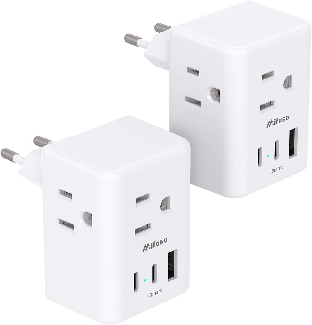 2 Pack European Travel Plug Adapter, Mifaso International Power Plug Adapter with 3 Outlets 3 USB Charging Ports(2 USB C), Type C Plug Adapter Europe Travel Essentials to Spain Italy France