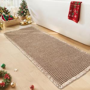 GRLYUH Waffle Runner Bath Mat - Long Boho Bathroom Rugs Non Slip Washable, Super Absorbent & Quick Dry, Soft Bath Mat Farmhouse Bathroom Decor, 24'' x 60'', Khaki