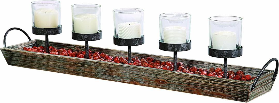 Creative Co-Op 5 Metal Votive Candle Holders in Rectangle Wood Tray with Handles