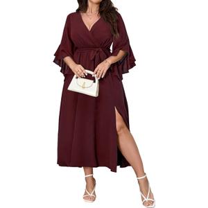 Womens Plus Size Dress Wedding Guest Cocktail Ruffle Half Sleeve Wrap V Neck Slit A Line Maxi Dresses with Belt (XL)