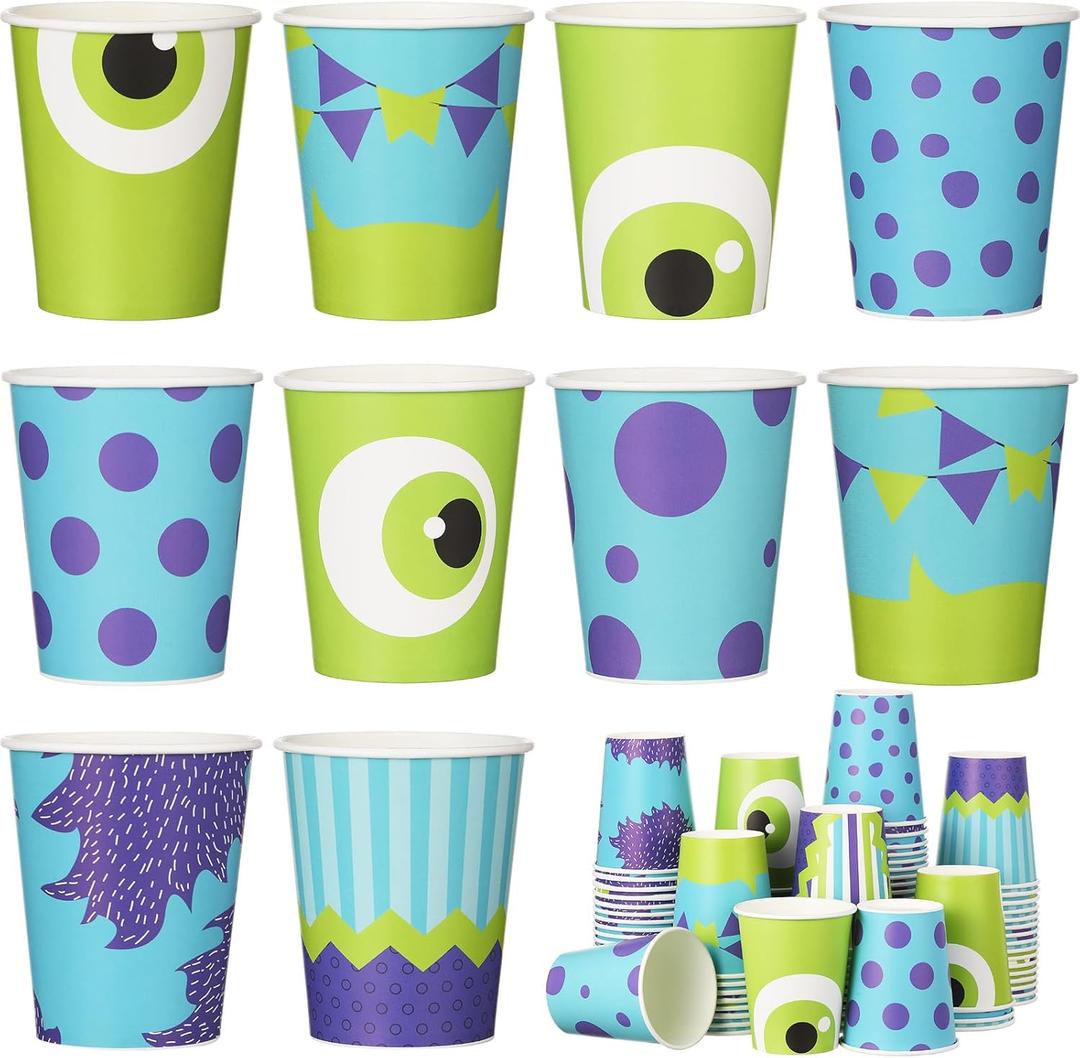 Vesici 100 Pcs Monster Party Supplies 9 oz Disposable Paper Cups Cartoon Blue Purple Green Monster Themed Party Cups for Girl Boy Birthday Baby Shower Decorations