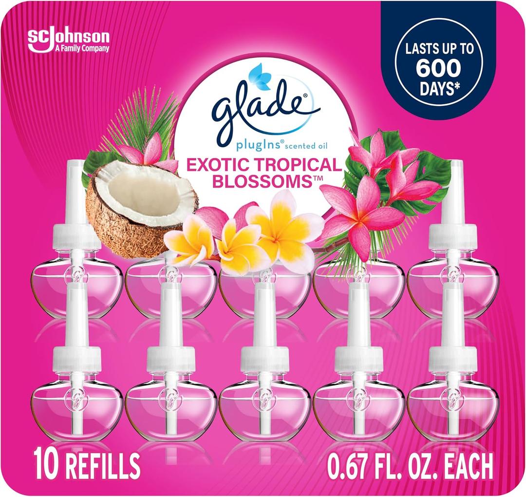 Glade PlugIns Refills Air Freshener, Scented and Essential Oils for Home and Bathroom, Exotic Tropical Blossoms, 6.7 Fl Oz, 10 Count