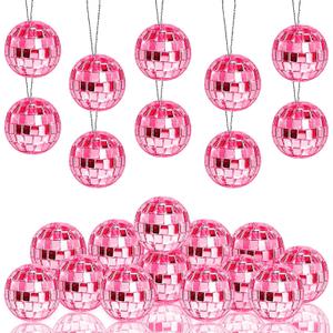Newmemo Pink Disco Ball 24 Pcs Hanging Mirror Disco Balls Pink Mini Disco Balls Ornaments Reflective Mirror Ball Cake Decoration with Rope Christmas Tree Wedding Dance Music Festivals Decor
