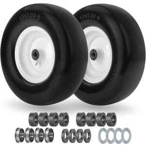13x5.00-6 Flat Free Lawn Mower Tire and Wheel, Solid Smooth Zero Turn Mower Front Tire Assembly, with 3/4" & 5/8" Bearing, 3.25"-5.9" Centered Hub, 2 PCS (13x5.00-6 Flat Free (Smooth Tread-W))