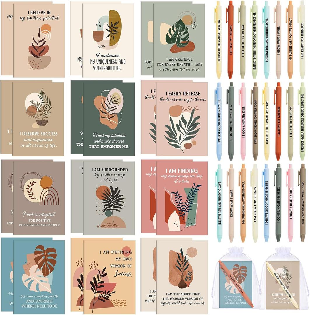 Mooliwe 12 Set/24 Pcs Positive Affirmation Gift Set Gratitude Notebooks with Pens Small Bags Motivational Encouragement Notepads Daily Affirmations Journal for Women Stress Relief Self Care(Plant)