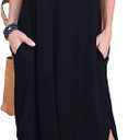GRECERELLE Women's Summer Maxi Dress Casual Loose V Neck Short Sleeve Side Split Long Dresses with Functional Pockets (Black)