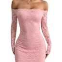 GORGLITTER Women's Lace Long Sleeves Mini Dress Y2K Fall Sexy Off The Shoulder Bodycon Night Out Birthday Party Dresses Dusty Pink XX-Small