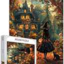 1000 Piece Jigsaw Puzzle-Halloween Dress Witch Puzzles 1000 Pieces for Adults,Black Cat Puzzle for Adults Puzzles for Adult 1000 Pieces Fall Pumpkin Garden Countyard