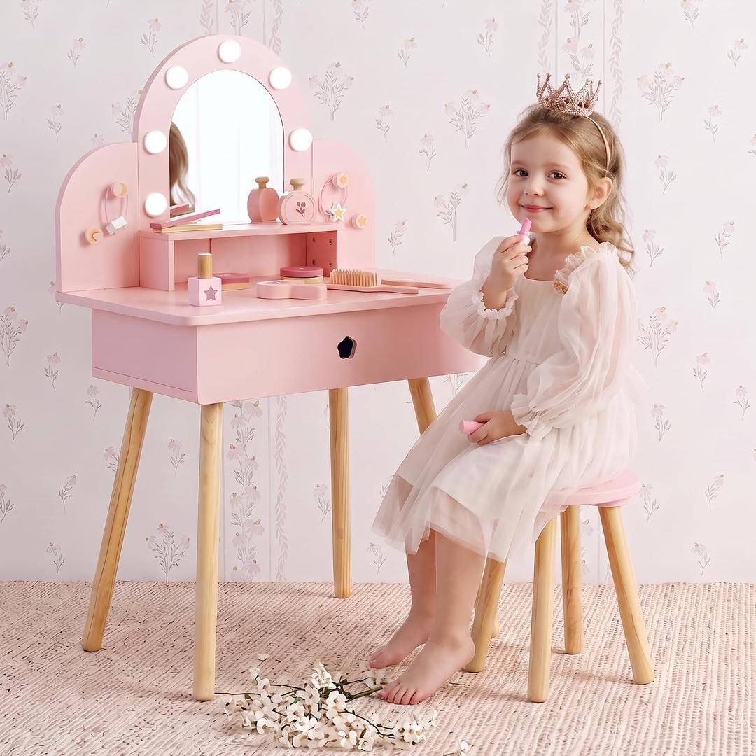 Kids Vanity Table and Chair Set with 3-Color Lighted Mirror, 11 Accessories