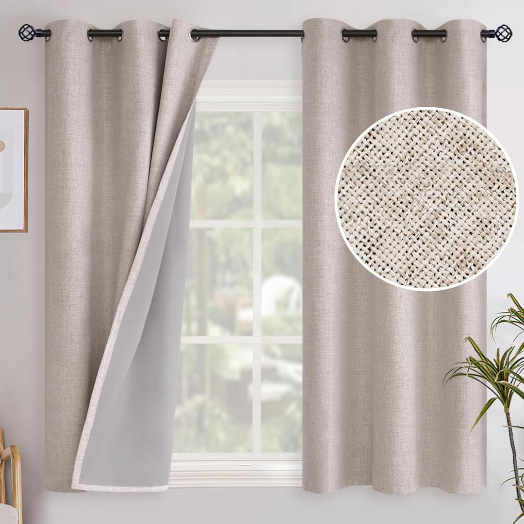 YoungsTex Linen Blackout Curtains 48 Inch Length for Bedroom, Short Thermal Insulated Drapes Room Darkening with Grommet Privacy for Living Room Window, Beige, 2 Panels, 42 X 48 Inch