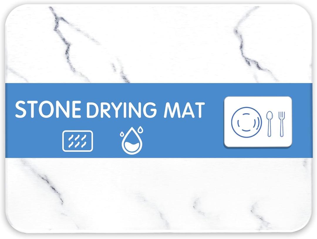 Quick Dry Stone Drying Mat for Kitchen Counter Stone Dish Drying Mats Water-Absorbent Diatomaceous for Cups Dishes Bottles Multiple Usage L16" x W12" Ivory-Marble