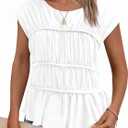 Cicy Bell Womens Cap Sleeve Peplum Tank Tops Summer Babydoll Smocked Cotton Shirts Casual Crew Neck Pleated Blouse (White, M)