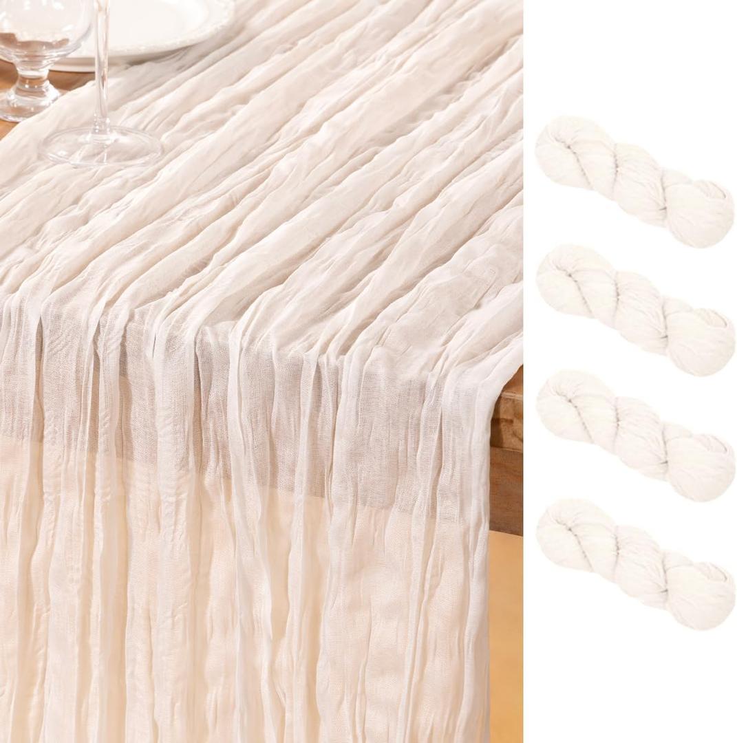DeZerlor Ivory White Cheesecloth Table Runner 4 Pack Summer Table Runners Boho Gauze 120 Inches Cheese Cloth Table Decor for Wedding Bridal Baby Shower Parties