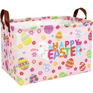 Pink Easter Basket for Kid Large Empty Baby Rectangular Cute Easter Gift Storage Basket Bunny Eggs Dcor (Pink Rabbit Flower), 14.9"L x 10.2"W x 9.8"H