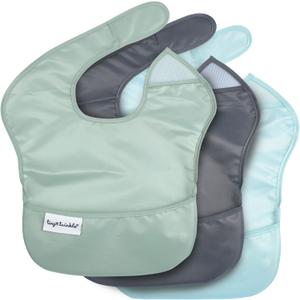 Tiny Twinkle Mess-Proof Baby Bib - Waterproof Bib for Baby Boy or Girl - PFAS, PVC, BPA, Phthalate Free - Baby Food Bibs (3 Pack, 3-pack Sage, Charcoal)