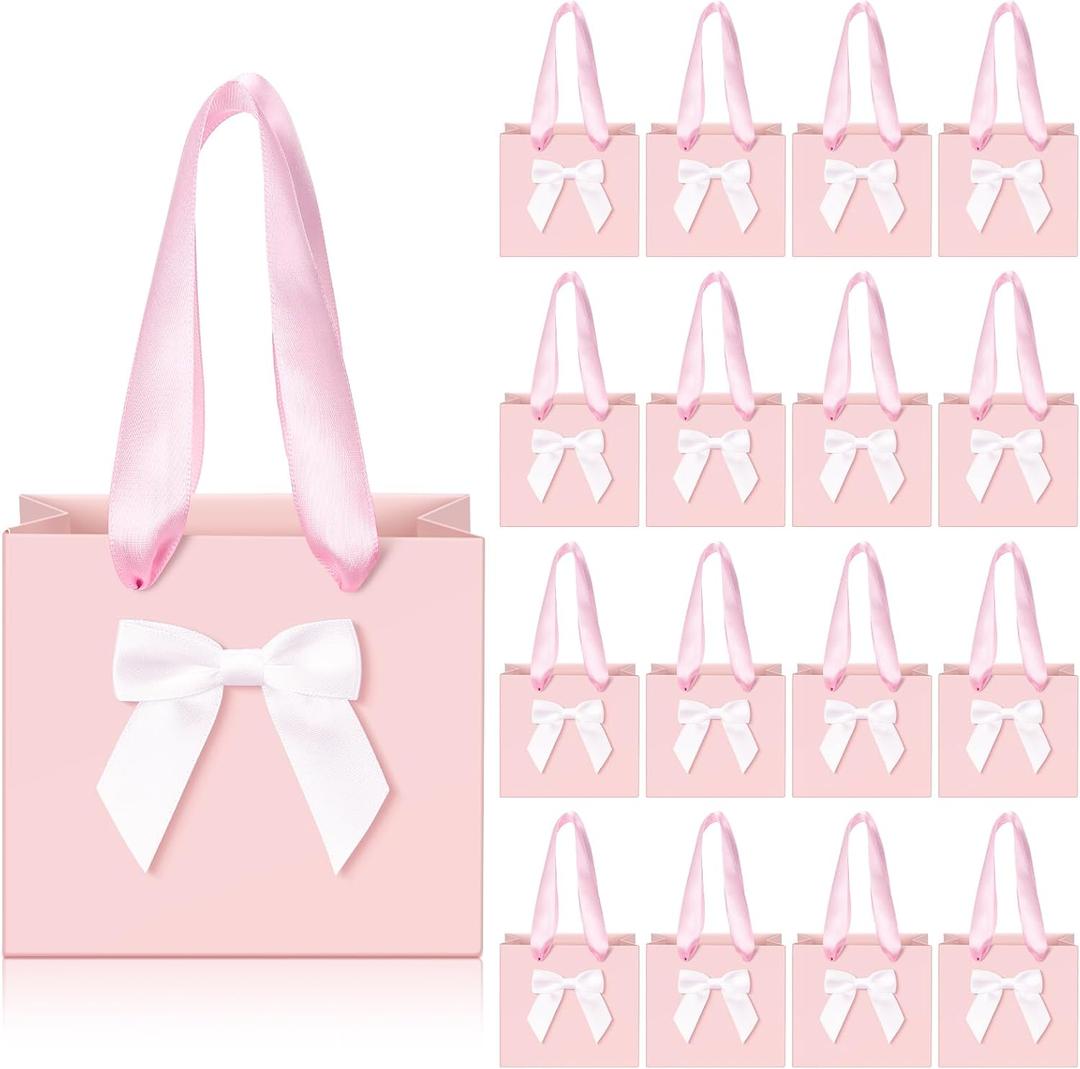 Kolldenn 50 Pcs Mini Gift Bags with Bow Ribbon 4''x2.7''x4.5'' Small Pink Paper Thank You Goodie Gift Bags Bulk with Handle for Baby Shower Wedding Party Favor Birthday Return Guests