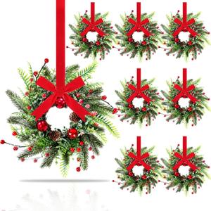 8 Pcs Mini Christmas Kitchen Cabinet Wreaths with Ribbon 9 Inch Mini Christmas Wreath with Red Balls Front Door Candle Rings Wreaths Xmas Fireplaces Table Centerpiece Indoor Outdoor Decorations