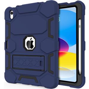 CCMAO Case for iPad 10th Generation 10.9 Inch 2022, iPad (A16) 11th Generation 11 Inch 2025, with Kickstand & Pencil Holder, Heavy Duty Shockproof Hybrid Protective Cover for Kids, Navy Blue+Black