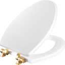 Mayfair Bennett Toilet Seat with Brushed Gold Hinges, Slow Close Wood Seat, Secure Metal Hinges, Easy Install, Made in USA, Elongated, White