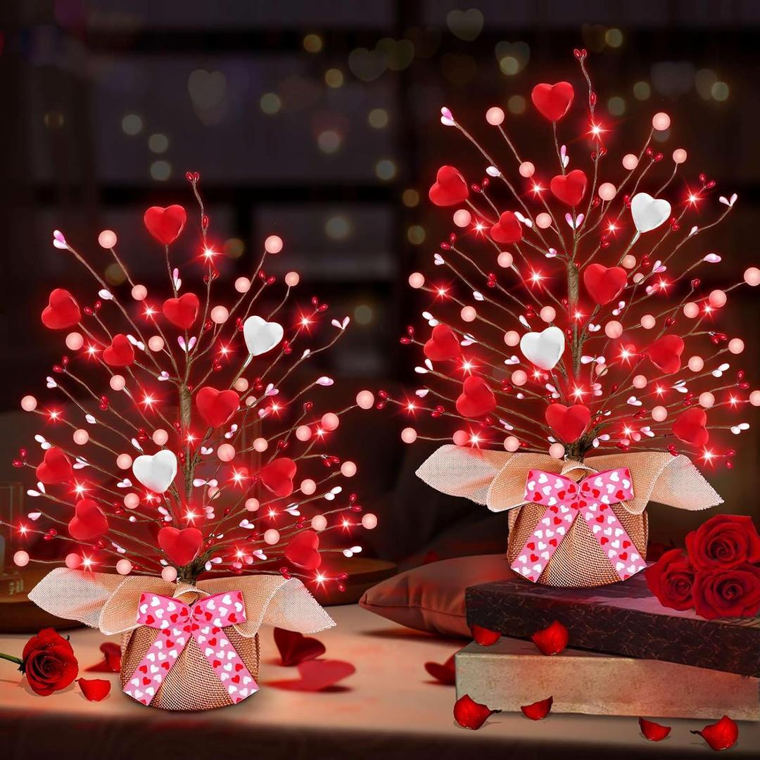 Valentines Day Decorations,2 Pack Lighted Valentine's Day Tree Tabletop with 20 Red Lights Battery Operated 16 Inch 12 Heart 48 Pink Berries Artificial Tree Valentine's Day Decor Home Party Wedding