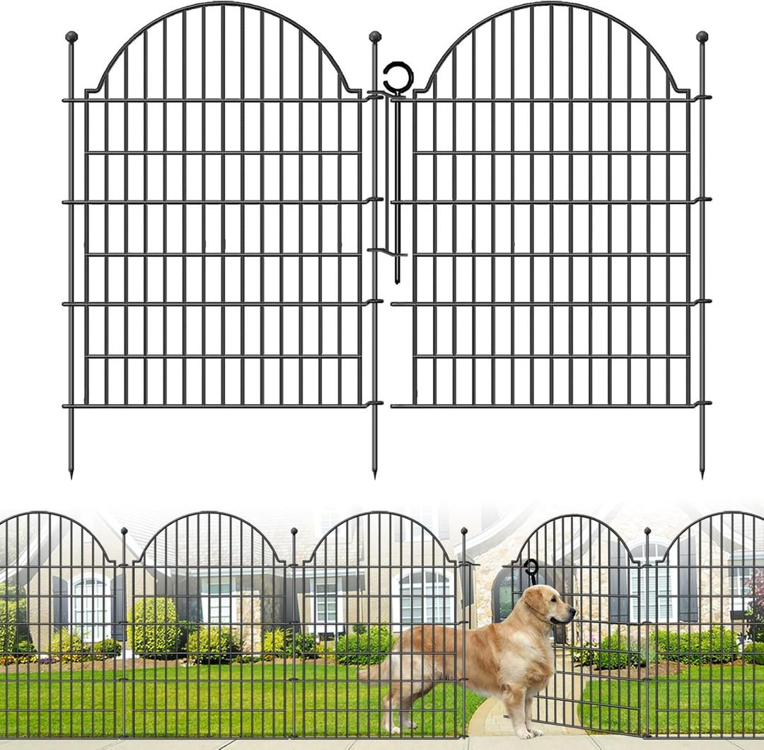 5 Panels Decorative Garden Fencing with Gate for Yard, 40in (H) x 11.8ft (L) No Dig Animal Barrier Fence, Rustproof Metal Wire Outdoor Dog Fences Panel Border with Temporary Ground Stakes