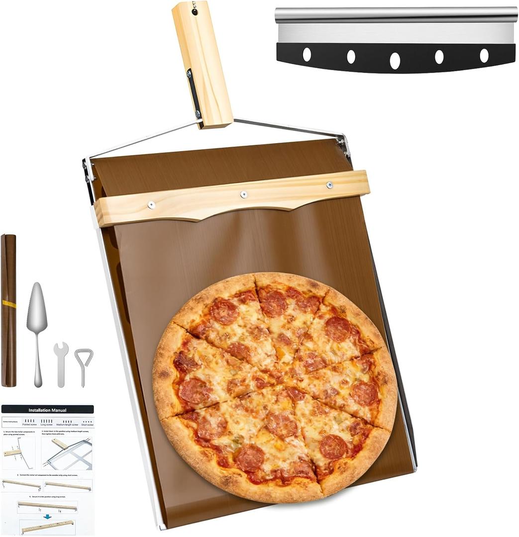 Sliding Pizza Peel, 21.26x12.74 Non Stick Pizza Peel Slider with Handle, Replaceable Oilcloth, Include Replacement Oilcloth * 1, Pizza Server * 1, Pizza Knife * 1