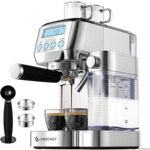 AMZCHEF Espresso Machine with LCD Display, 20 Bar Cappuccino Machines with Automatic Milk Frother for Home Gifts, Latte Coffee Maker with Dual Wall & ESE Filters, Stainless Steel Style 