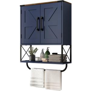RUSTOWN Farmhouse Medicine Cabinet with 2 Barn Door, Boho Wood Wall Mounted Storage Cabinet with Adjustable Shelf and Towel Bar, 3-Tier Bathroom Cabinet for Bathroom (Navy Blue and Walnut), 19.3 inches x 26 inches x 7.1 inches