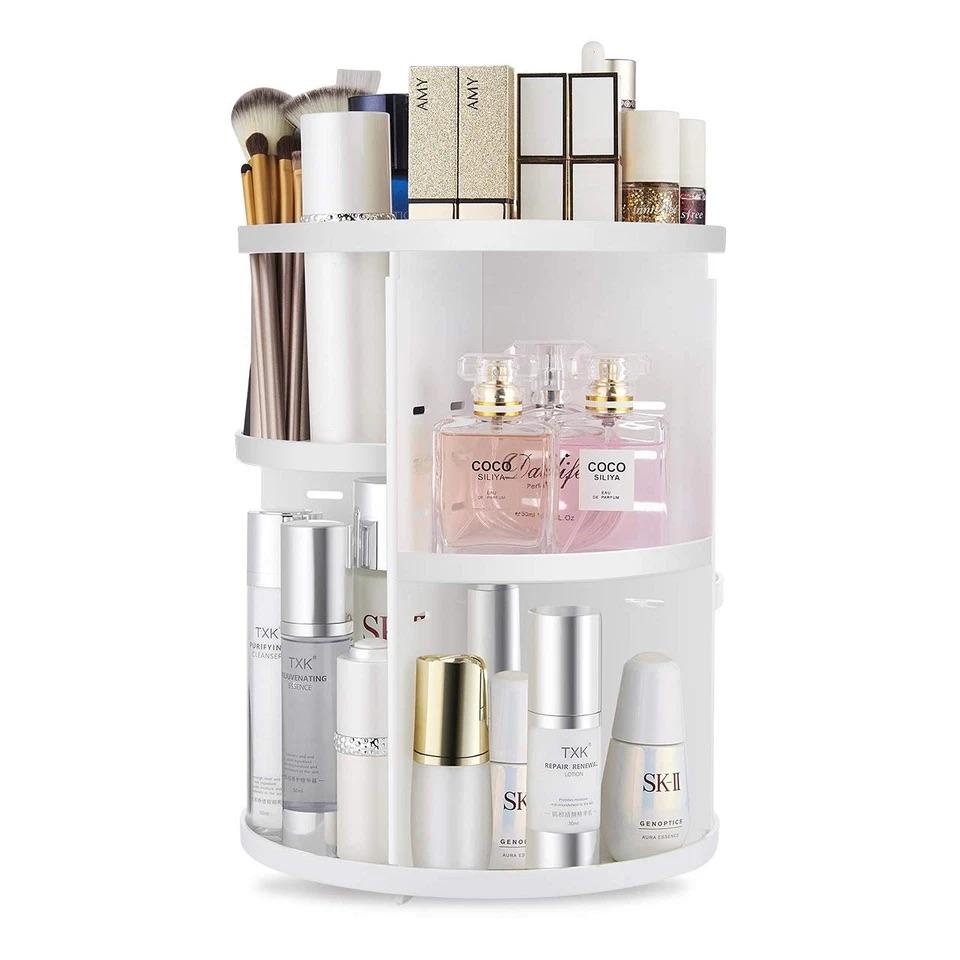 Rotating Makeup Organizer, DIY 8 Adjustable Layers Spinning Skincare Organizer, Cosmetic Display Case with Brush Holder Perfume Tray, Multi-Function Storage Carousel for Vanity Bathroom Countertop (white)