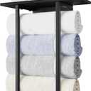 ELITEROO Towel Holder for Bathroom Wall, Towel Rack with Shelf and Hooks, Hanging Towel Organizer for Small Bathroom Storage, Wooden Rolled Towel Shelf for RV, Camper, Black