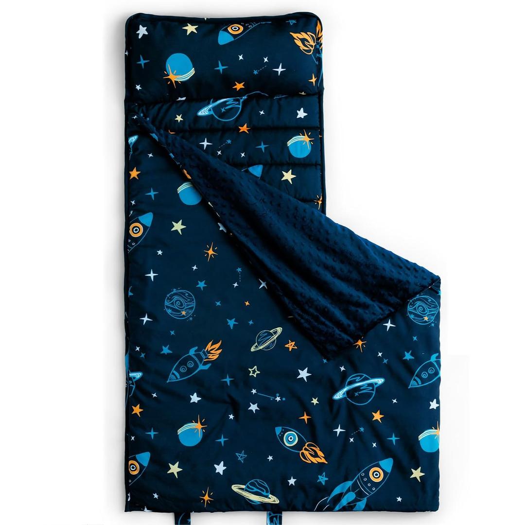 david's kids Minky Toddler Nap Mat with Removable Pillow and Minky Fleece Blanket, Soft Slumber Bags for Boys, Perfect for Preschool, Daycare, Kids Sleeping Bags with Rollup Design, 50"x20", Space