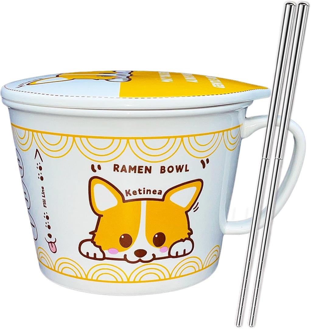 34oz Ceramic Ramen Bowl Set Charming, Lid, Handle, and Stainless Steel Chopsticks Elevate Your Noodle Experience Ideal Gift for Teens and Kids (corgi), White,