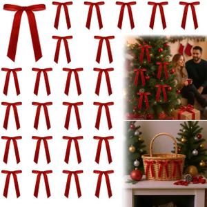 24PCS Christmas Velvet Bows with Twist Ties  Red Satin Wreath Bows for DIY Holiday Decorations, Gift Wrapping & Party Decor