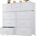 OLIXIS 9 Drawer Storage Dresser with Wood Top - Wide Fabric Chest Organizer for Bedroom, Closet, Living Room,Tower Cabinet, TV Stand, Hallway Entryway Furniture,Bright White, 11.8"D x 39.6"W x 39.4"H
