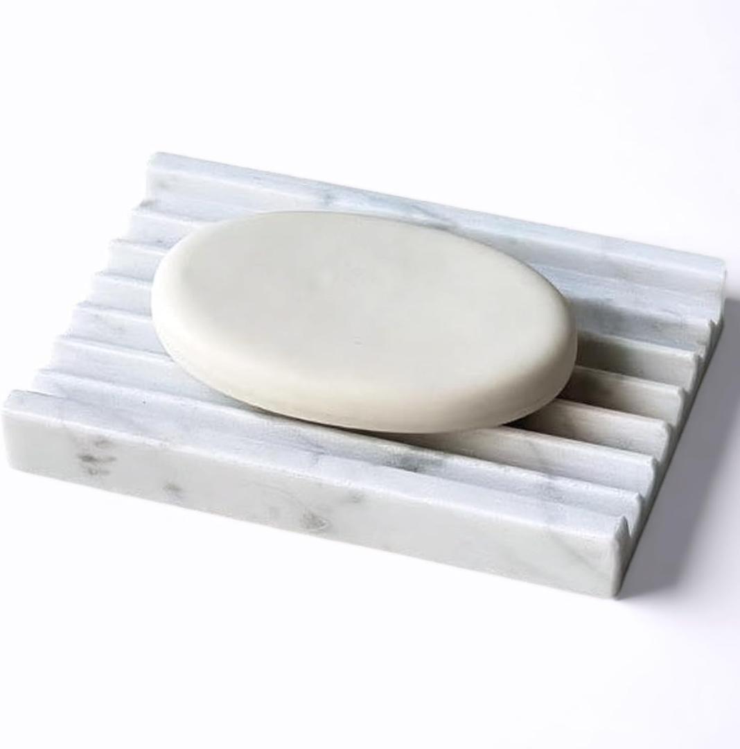 Marble Soap Dish - Soap Dish for Shower, Shower Bar Soap Holder, Stone Soap Container for Marble Bathroom Accessories, Decorative Dish with Drainage (Calacatta White, Rectangular)