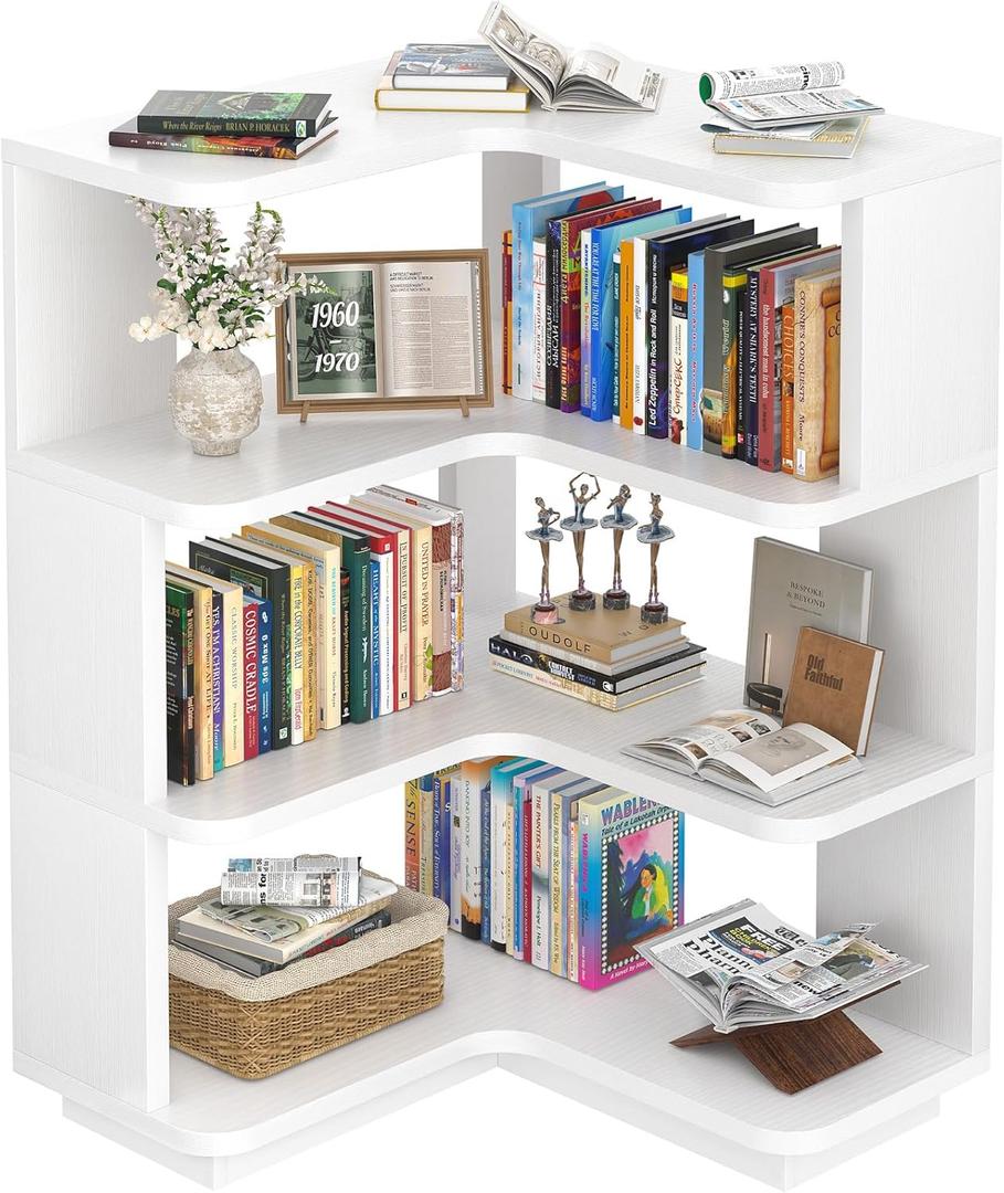 Armocity Corner Book Shelf - 4 Tier Corner Bookshelf Etagere Bookcase with Baffle, Freestanding L Shaped Display Shelf Stand for Home Office, Living Room, Bedroom, Kitchen, White