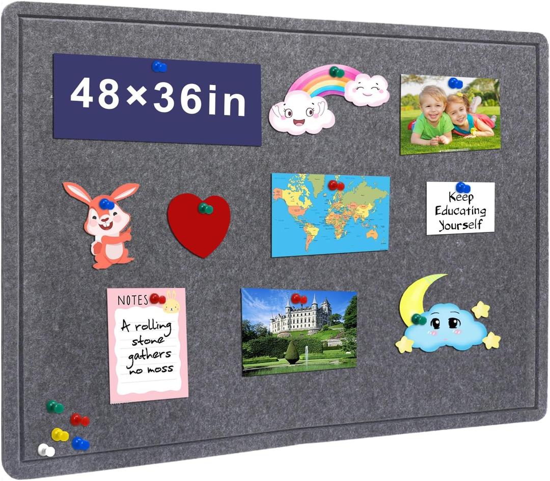 Large Bulletin Board, 48 X 36 inches Cork Board with 30 Pushpin, 4' x 3' Felt Cork Board Notice Pin Board, Self-Adhesive Vision Board Mood Board Foldable Photo Board for Wall - Dark Gray