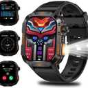 Military Smartwatch for Men, LED Flashlight Bluetooth Call IP68 Waterproof Heart Rate Blood Oxygen Sleep Tracker Fitness Pedometer Android iOS Compatible - Ideal for Hunting Hiking Extreme Sports (Black)