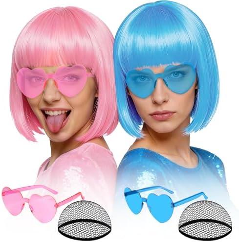 MEEZY 2 Pcs Colorful Bob Wigs with Bangs Pink Sky Blue for Women, Neon Funny Wig Short Bob Hair with Heart Sunglasses Hair Cap for Halloween Costume Cosplay Birthday Bachelorette Party Carnival