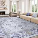 FinRec 8x10 Rugs for Living Room, Washable Vintage Floral Bedroom Rug, Non-Slip Low Pile Area Rug, Ultra-Thin Foldable Accent Indoor Carpet for Kitchen Dining Room Kids Room Office - Blue and White